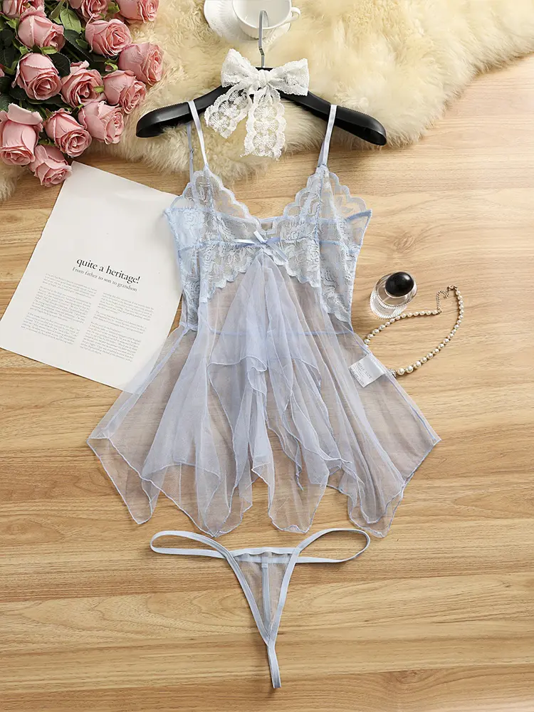 Sexy Lingerie Deep V Lace Chemise Women's Underwear Sensual Silk Soft Gown Fishscale Color Strapless Sleep Dress Erotic Clothing