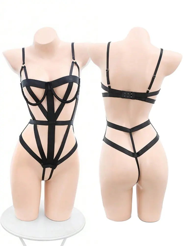Hot Sexy Lingerie Women Mesh Stockings Open Anal Push Up Bra Hollow Chest Bandage Bodysuit Set Erotic Underwear Femme Jumpsuit