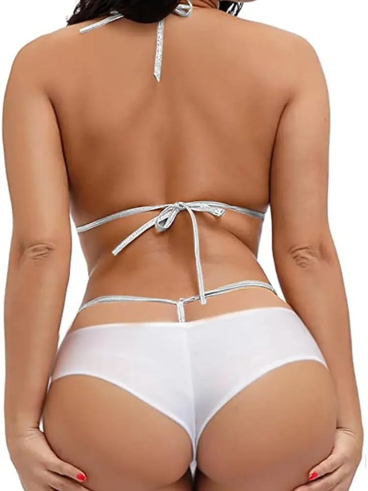 Women's Bikini Thong Panties Set Swimwear Erotic Shiny Mini Bikini Sexy Porn Pu Lingerie for Ladies Micro G String Underwear Set