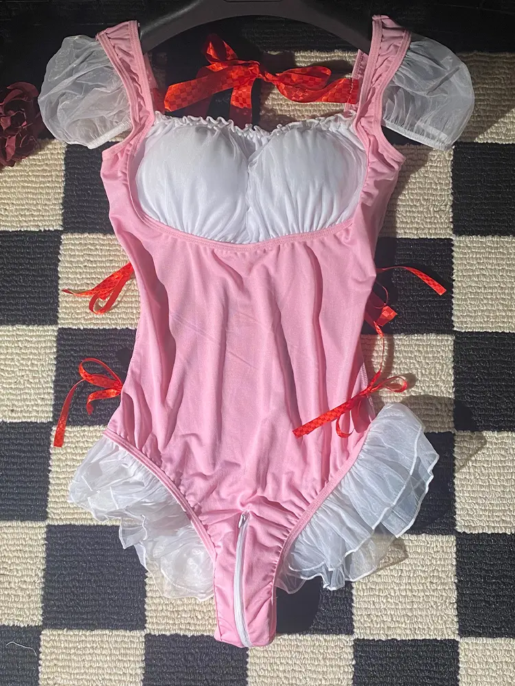 Women's Sexy Lingerie Hollow Out Lolita Embroidery Lace Split Dress Suit Mesh Sheer Traditional Embroidered Stripe Cheongsam Set