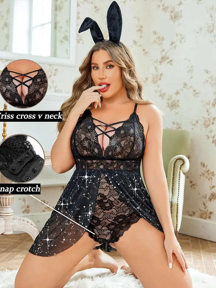 Plus Size Women Lingerie Halterneck Sexy Lace Dress Sexy Underwear Halterback Short Female Nightdress Exotic Two Pieces Set