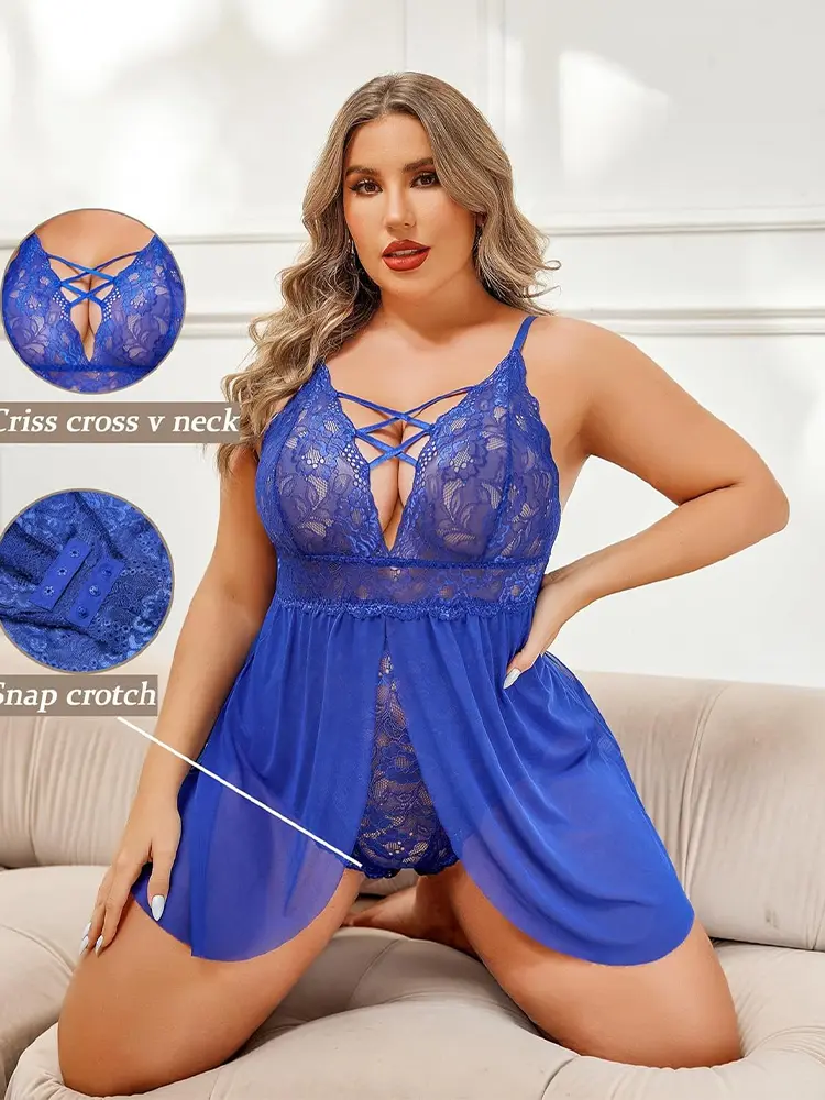 Plus Size Women Lingerie Halterneck Sexy Lace Dress Sexy Underwear Halterback Short Female Nightdress Exotic Two Pieces Set