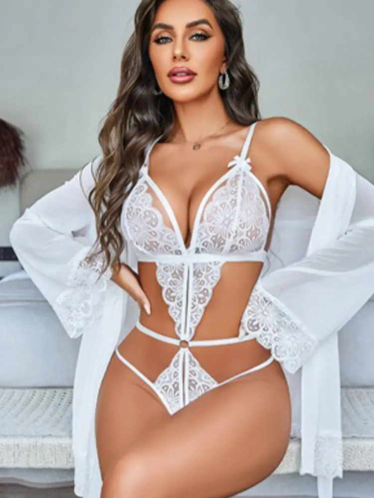 Crotchless Black Sexy Lingerie Women Lace Hollow Bra Set Erotic Costumes Teddy Baby Doll Dress Deep V Open Bra Sexiest Bodysuits