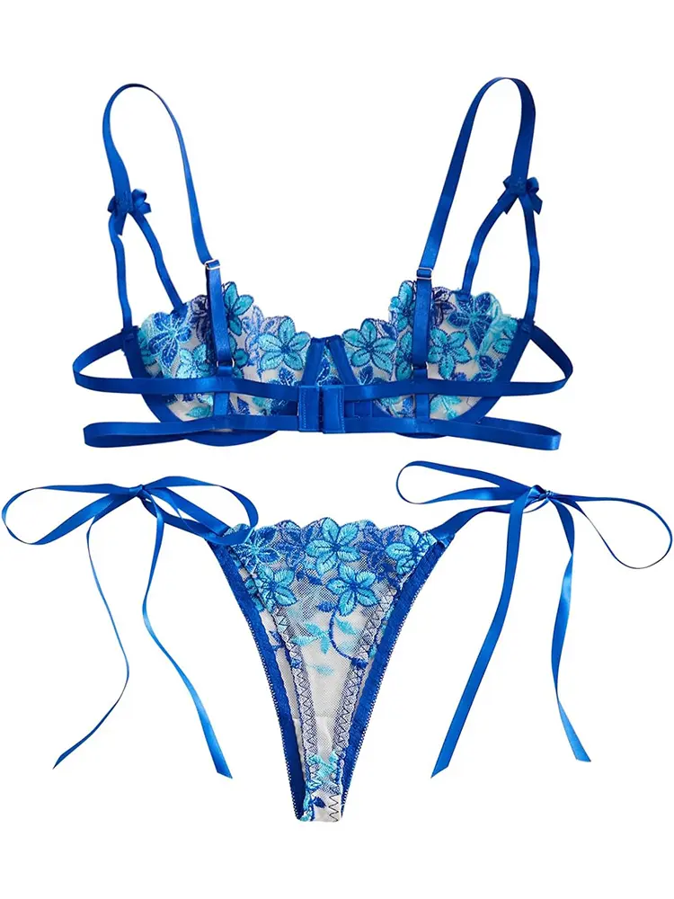 Sexy Floral Embroidery Lingerie See Through Exotic Sets Women Open Anal Sheer Bra Brief Underwear Erotic Intimates Underwear