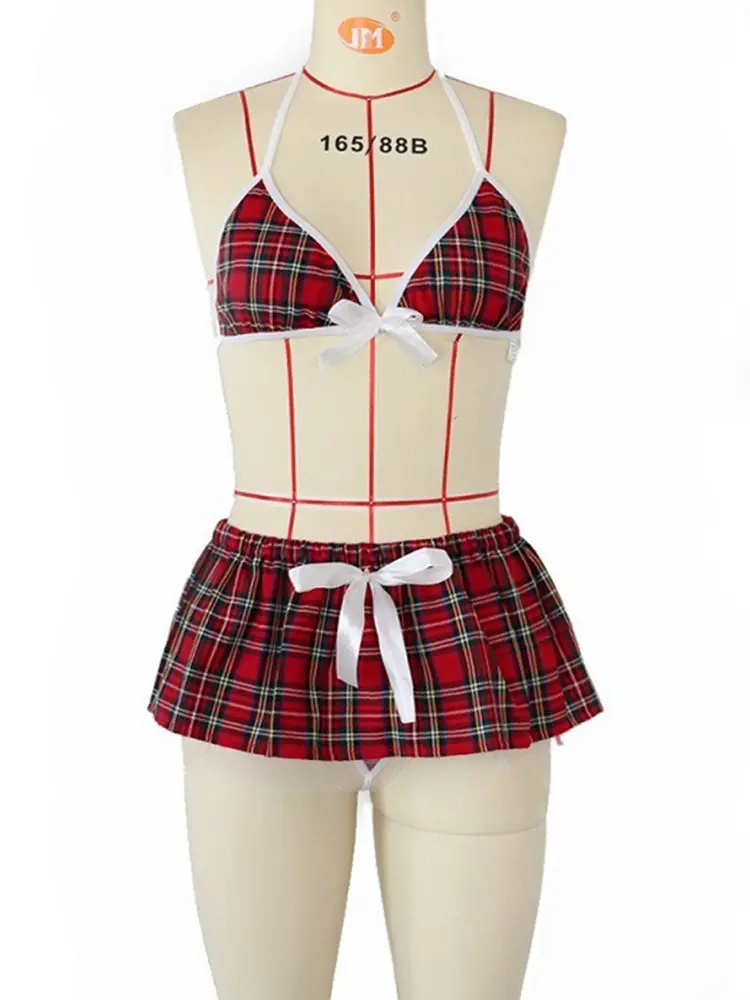Women School Girl Cosplay Student Lingerie Erotic Lace-Up Plaid Printed Bra Thong Sets Sexy Costumes Sex Clothes Porn Underwear