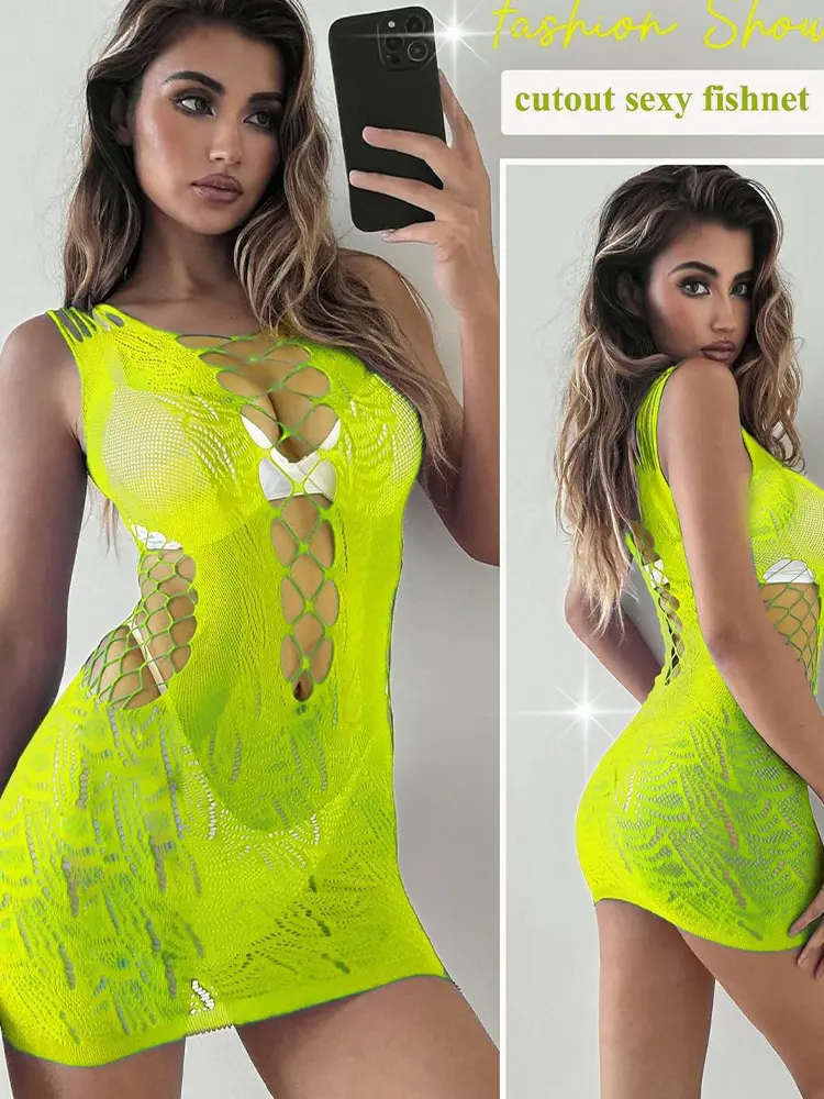 Hot Sexy Lingerie Dress Woman Fishnet Transparent Dress Rhinestone Underwear Erotic Crotchless Bodysuit Mesh Diamonds Dress