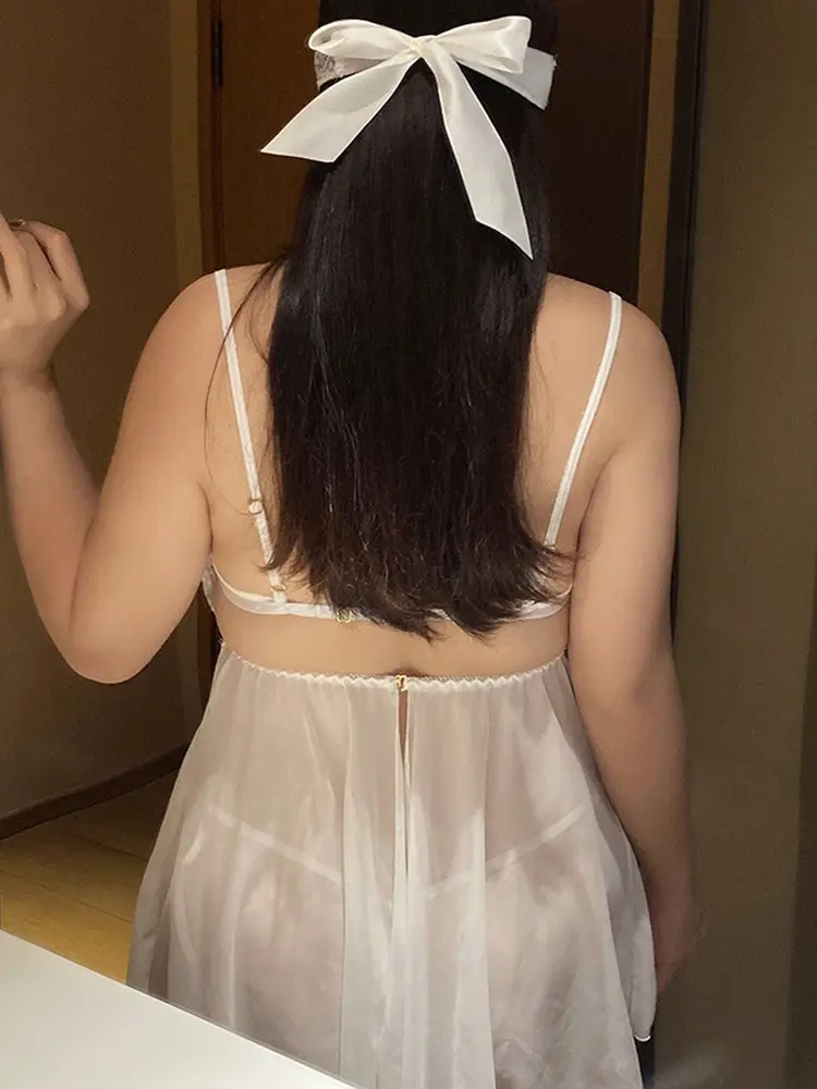 Women's Transparent Nightgowns Mesh Hollow Out Halter Dress Steel Ring Semi-Coverage Bra Erotic Open Crotch Backless Temptation