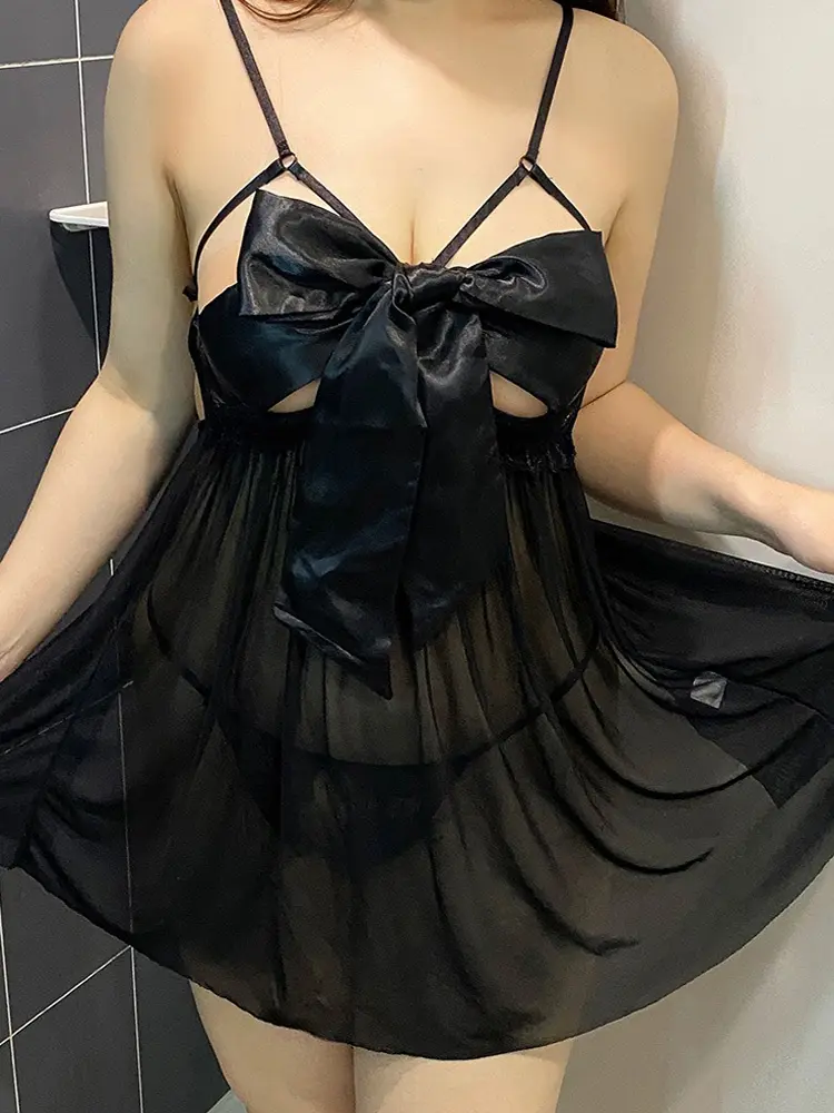 Plus Size Women Sexy Sleepwear Bow Tie Open Bra Nightdress Lingerie Mesh See Through Pajamas Mesh Backless Suspender Nightgown