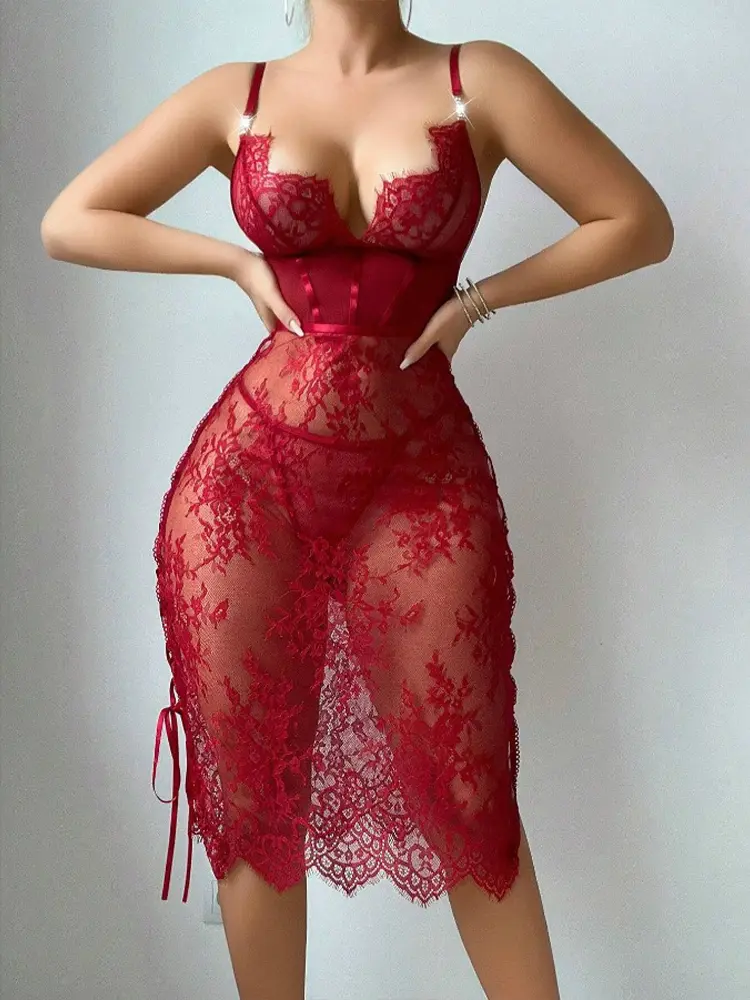 Sexy Lace Lingerie Sleepdress for Women Solid Color Plunge Mesh See-through Women's Hollow Out Bra Anal Bodycon Exotic Underwear