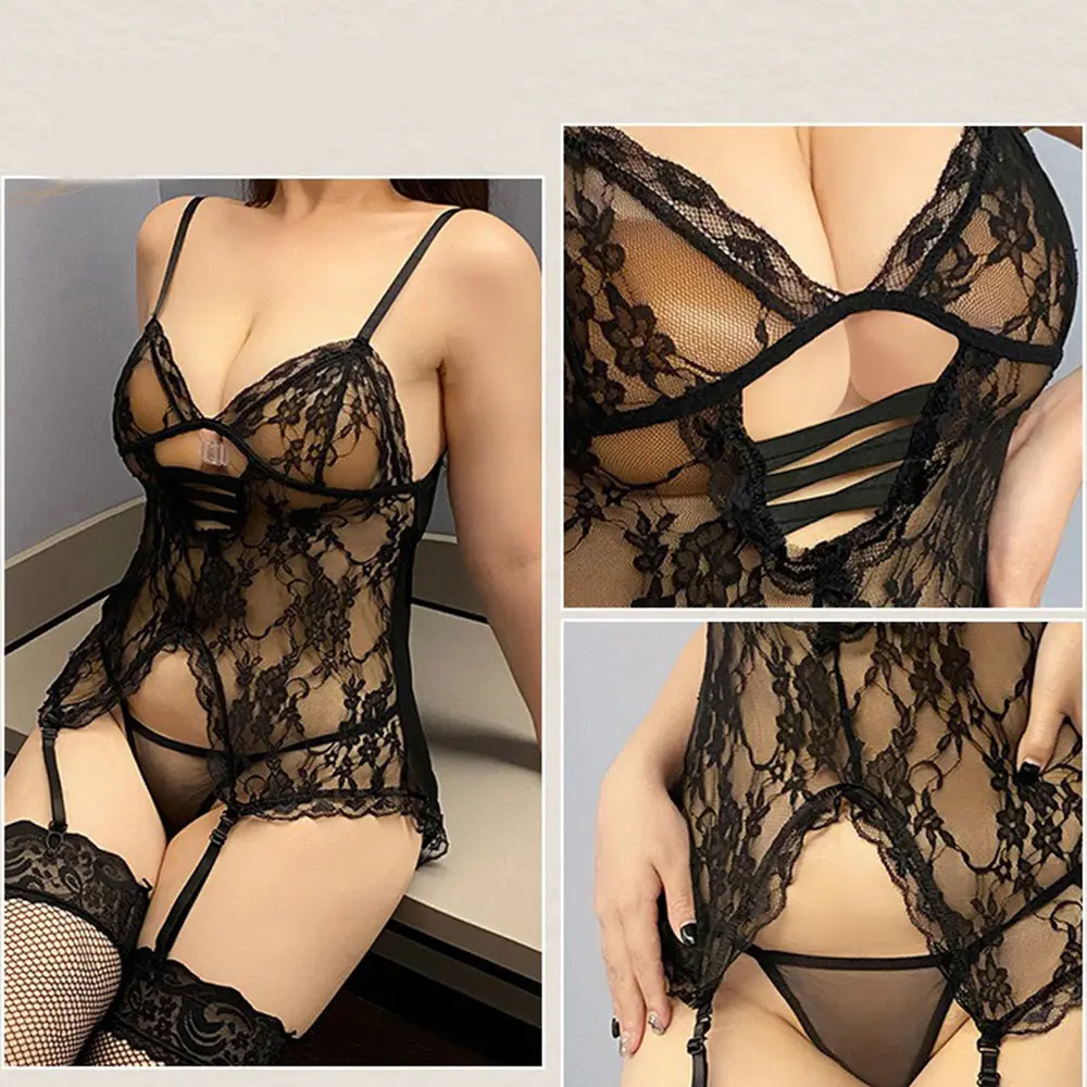 Sexy Crotchless Black Lace Women Lingerie Hollow Bodysuit Teddy Babydoll Deep V Open Anal Bra Porn Underwear Set Erotic Pajamas