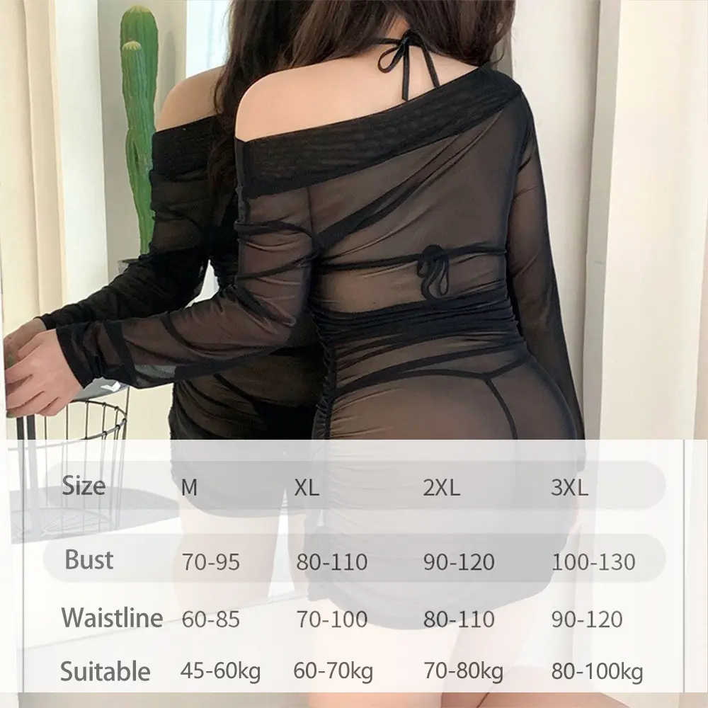 Underwear Sexy Mesh Off Shoulder Bag Hip Dress Nightclub Uniform Three Point Sheer Gauze Breathable Erotic Black Thin Soft