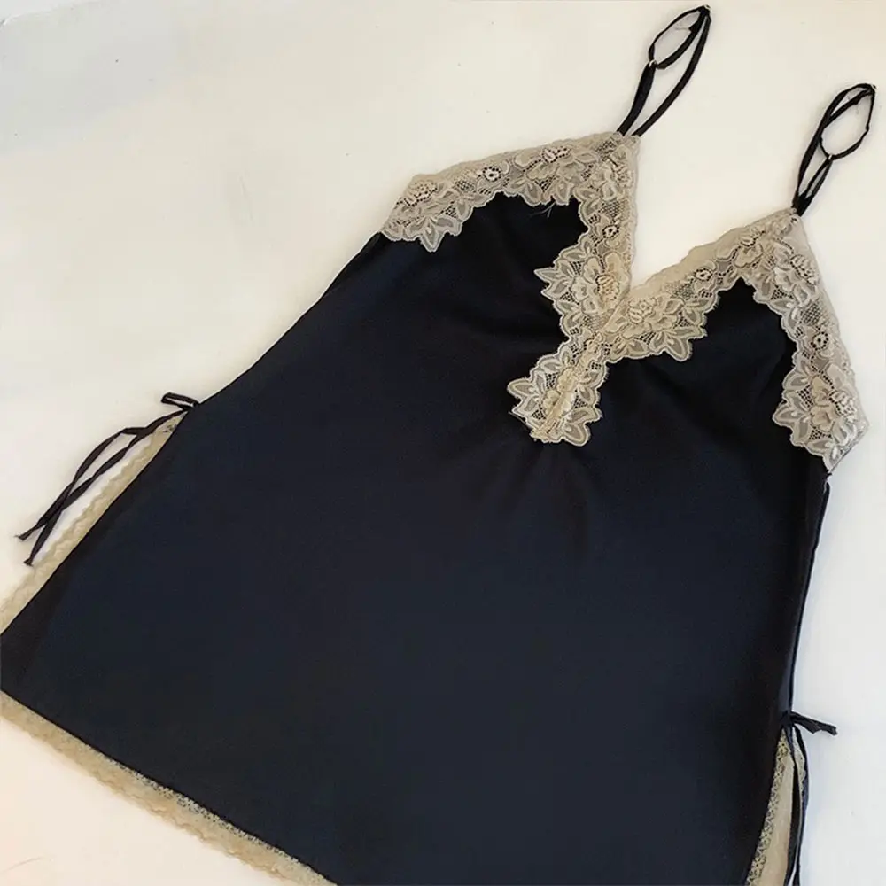 Plus Size Women Satin Deep V Stitching Lace Nightdress Openwork Slit Home Clothes Perspective Nightgown Soft Ice Silk Loungewear