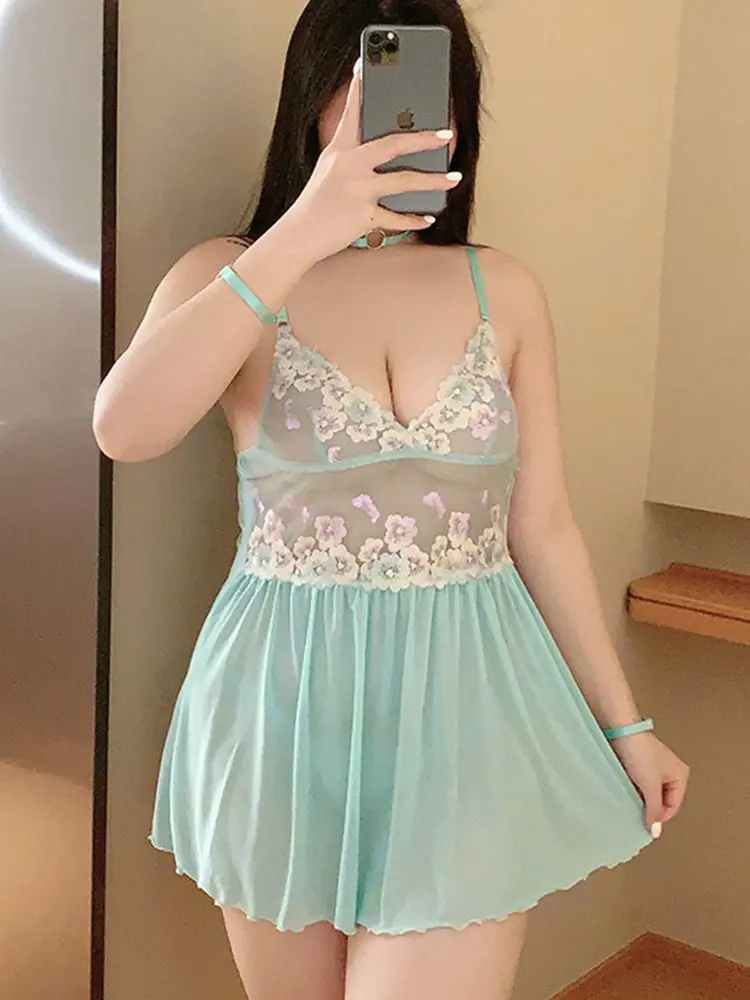 Sexy Hot Floral Exotic Set Thin See Through Lingerie Transparent Night Dress Thong Underwear Elegant Ladies Exotic Apparel