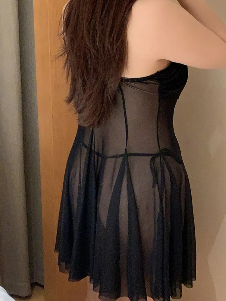 Sexy Strap Nightwear Mesh Uniform Temptation Transparent Solid 3D Flower Camisole Women Dress Backless Summer Charm Sweet