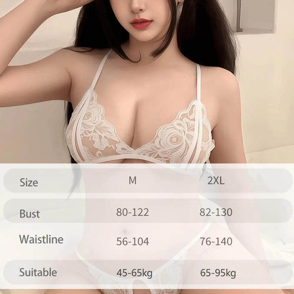 Crotchless Lace Bikini Three Point Female Lingerie Babydoll See Through Glamour Bra+Underwear Sexy Glamour Underwear Set