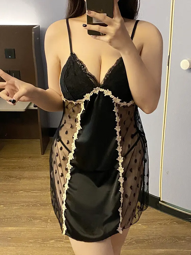 Women Nightgowns Sheer Embroidered Mesh & Satin Deep-V Chemise Nightgown Nightwear Dresses Sexy Lingerie Gown Housewear Robe