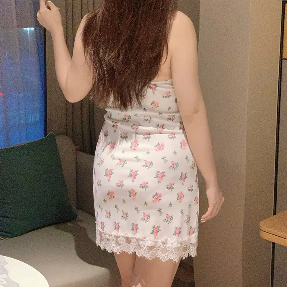 Hot Erotic Lingerie Nightgown Fragmented Lace Deep V-belt Short Skirt Babydoll Sleepwear Pajamas Dress Sexy Bhs Sexy Nightie