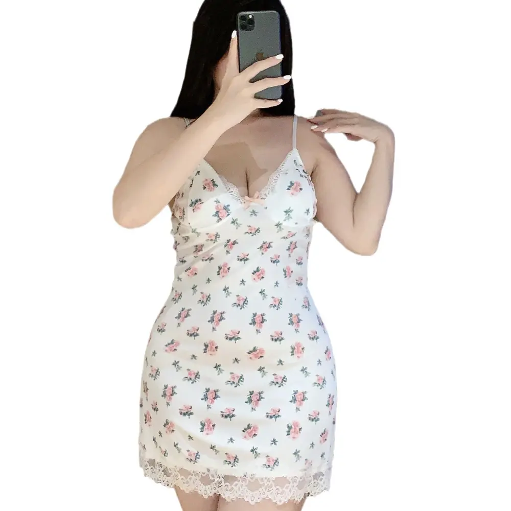 Hot Erotic Lingerie Nightgown Fragmented Lace Deep V-belt Short Skirt Babydoll Sleepwear Pajamas Dress Sexy Bhs Sexy Nightie