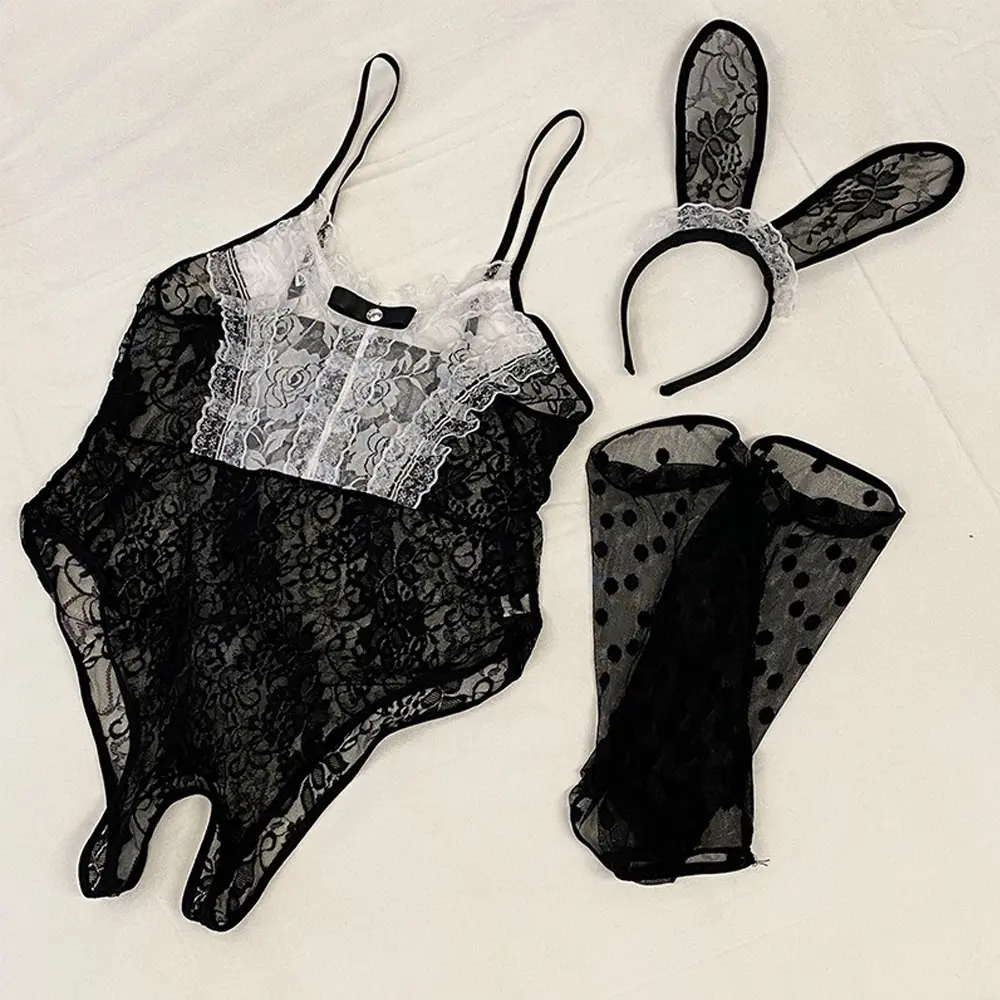 Plus Size Sexy Lingerie Bunny Rabbit Ears Cosplay Cat Maid Uniform Open Crotch Bodysuit Lace See Through Pajamas Night Outfits