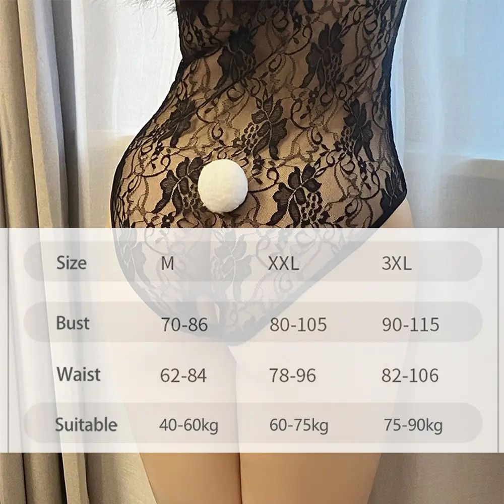 Plus Size Sexy Lingerie Bunny Rabbit Ears Cosplay Cat Maid Uniform Open Crotch Bodysuit Lace See Through Pajamas Night Outfits
