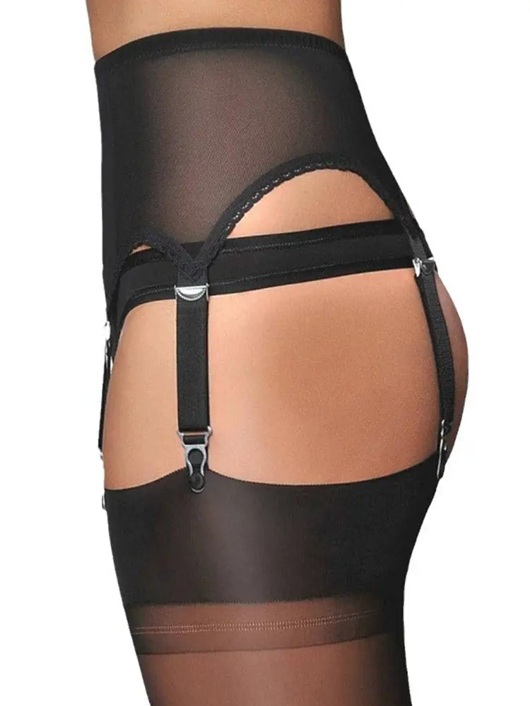 Naughty Women High Waist Mesh Suspender Belt Sexy See Through Garter Belt with Vintage Straps and Clip for Thigh High Stockings