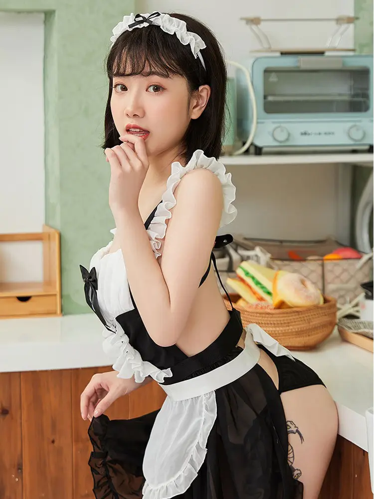 Cosplay Maid Costumes Sexy Cute Bow Tie Open Bra Bodysuit Fetish Strap Tights Role Play Uniform Hollow Backless Lingerie Uniform