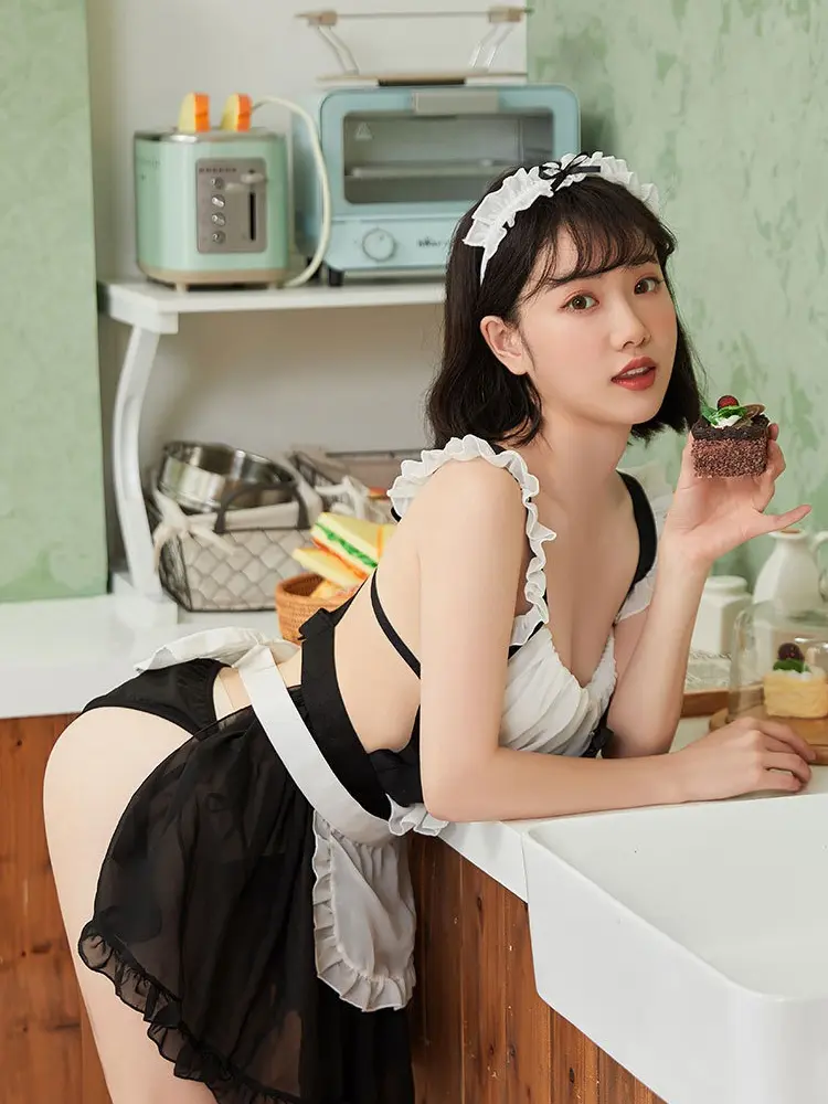 Cosplay Maid Costumes Sexy Cute Bow Tie Open Bra Bodysuit Fetish Strap Tights Role Play Uniform Hollow Backless Lingerie Uniform