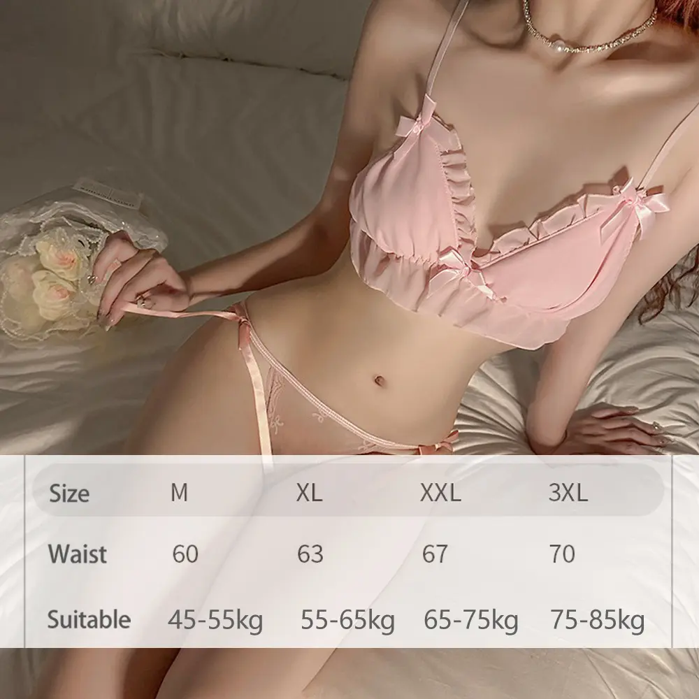 Poron Women Sexy Lingerie Set Kawaii Bobydoll Ruffles Bra and Panty Set Underwear Lenceria White Pink Black Anime Cosplay