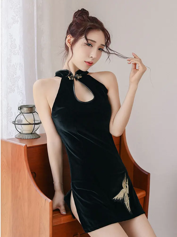 Sexy Cosplay Chinese Traditional Dress for Women Erotic Costumes Qipao Nightclub Party Black Embroidery Cheongsam Party Lingerie