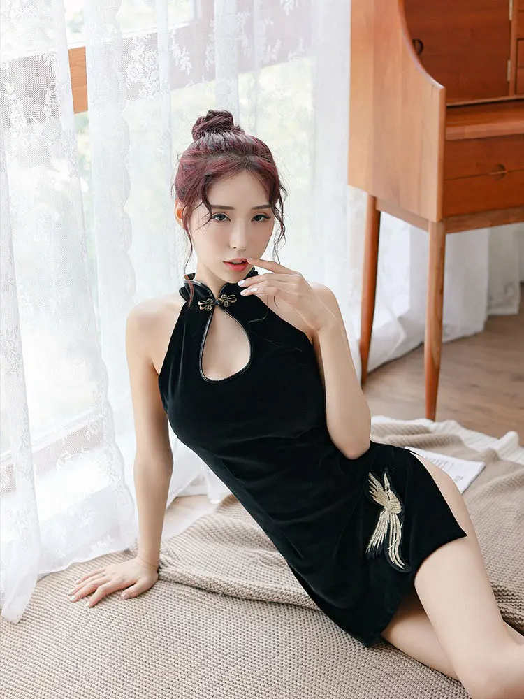 Sexy Cosplay Chinese Traditional Dress for Women Erotic Costumes Qipao Nightclub Party Black Embroidery Cheongsam Party Lingerie