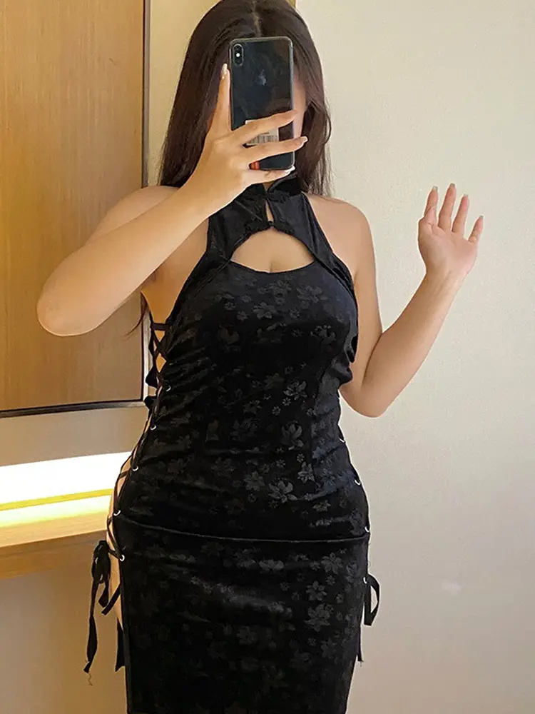 Sexy Cheongsam Dress High Slit Lace Up Qipao Party Dress Costume Vintage Embroidery Erotic Lingerie Style Halloween Costumes