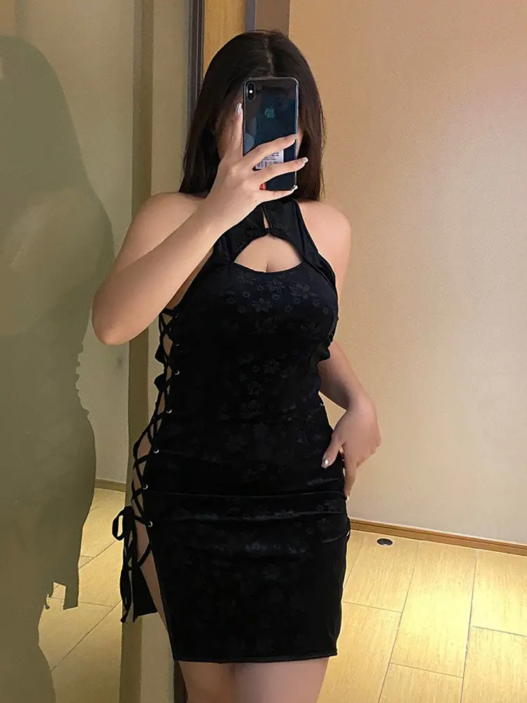 Sexy Cheongsam Dress High Slit Lace Up Qipao Party Dress Costume Vintage Embroidery Erotic Lingerie Style Halloween Costumes