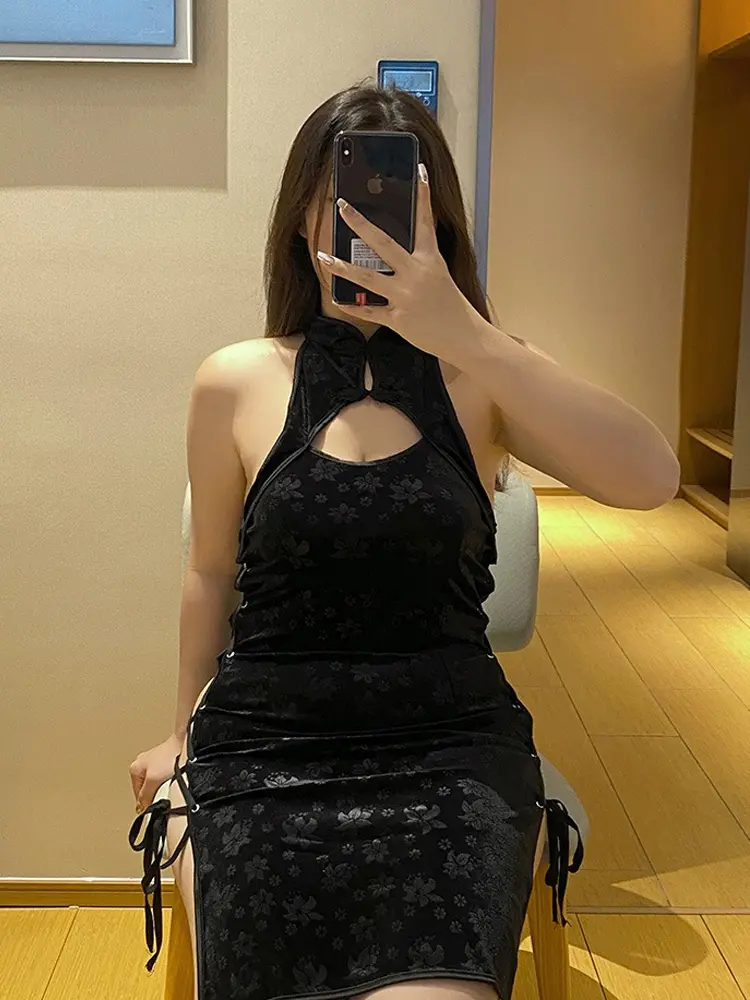Sexy Cheongsam Dress High Slit Lace Up Qipao Party Dress Costume Vintage Embroidery Erotic Lingerie Style Halloween Costumes