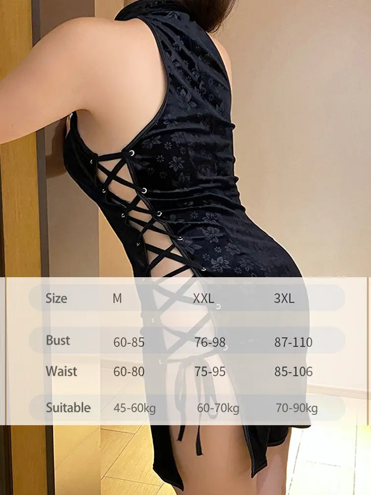 Sexy Cheongsam Dress High Slit Lace Up Qipao Party Dress Costume Vintage Embroidery Erotic Lingerie Style Halloween Costumes