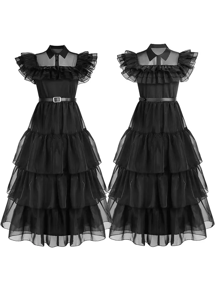 Wednesday Addams Kid Girl Princess Cosplay Costume Wig Props Birthday Halloween Christmas Dance Outfit Gothic Witch Lolita Dress