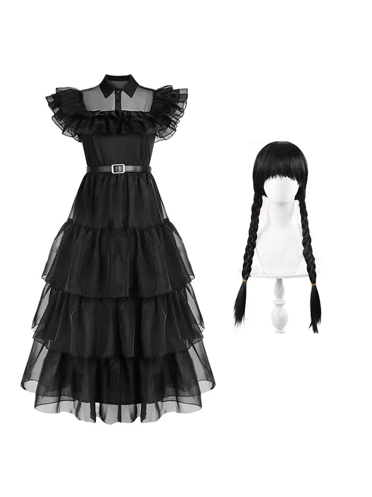Wednesday Addams Kid Girl Princess Cosplay Costume Wig Props Birthday Halloween Christmas Dance Outfit Gothic Witch Lolita Dress