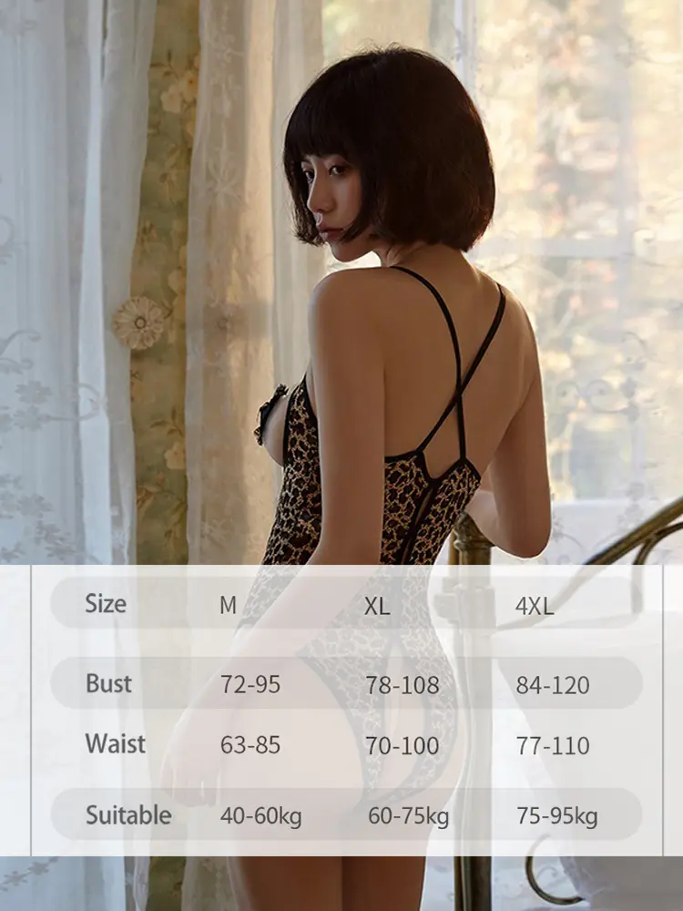 New Open Crotch Leopard Bodysuit Women Sexy Lingerie Back Bare Fancy Underwear Erotic Pajama Cosplay Costume Transparent Sex Set
