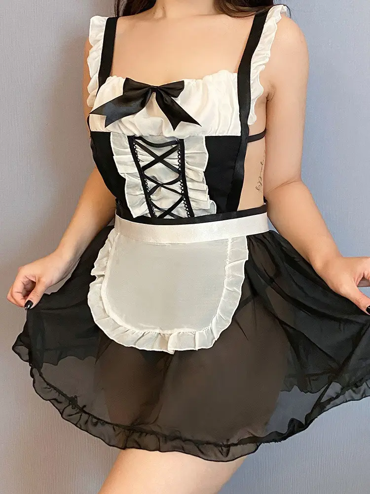 Cosplay Maid Costumes Sexy Cute Bow Tie Open Bra Bodysuit Fetish Strap Tights Role Play Uniform Hollow Backless Lingerie Uniform