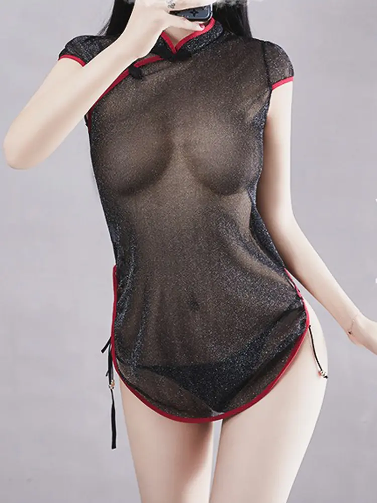 Lingerie Transparent Nightgowns Mesh Hollow Out Halter Dress Steel Ring Semi-Coverage Bra Erotic Open Crotch Backless Temptation