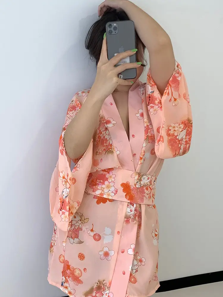 Sexy Sleepwear Women Underwear Robe Print Floral Pajama Sets Homewear Kimono Japanese Long Sleeve Mini Dresses Nightwear