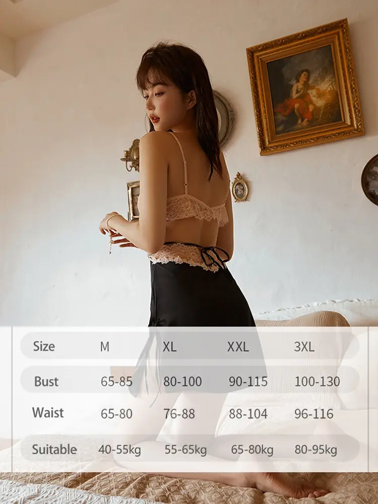 Female Backless Nightgown Summer Silk Satin Sleepwar Loungewear Sexy Lace Deep V-Neck Nightdress Homewear