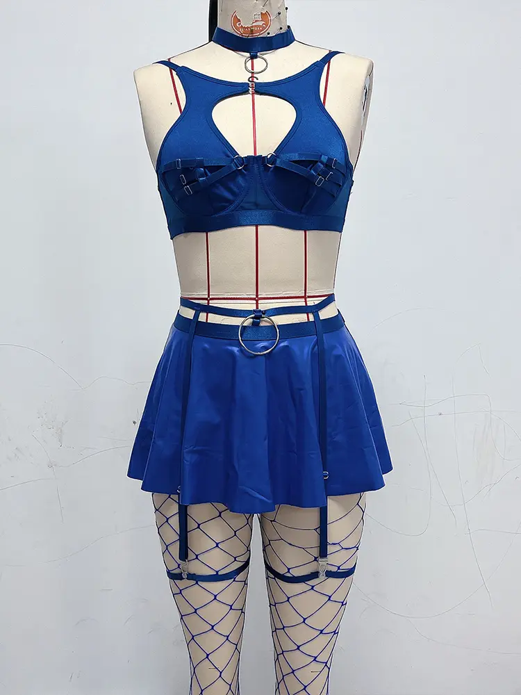 Sexy Lingerie Set Open Anal Women Club Halter Underwear Fishnet Leg Socks Leather Plunge Bra Skirt Metal Ring Nightclub Party