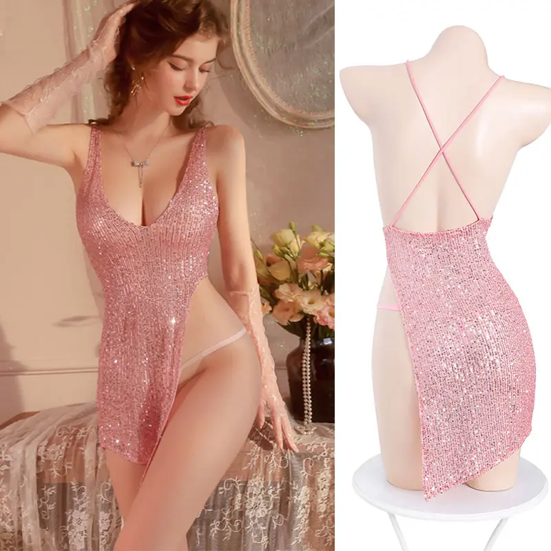 New Fashion Sequin Short Dress Woman Sexy Lingerie Shiny Bodycon Dress Erotic Bodysuit Sheer Underwear Club Queen Set