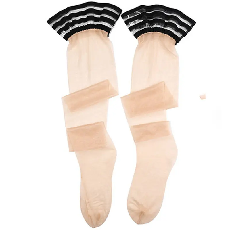 10D Oil Shine Contrast Thigh High Stockings Silicone Stay Up Lace Top Stockings Ultra Thin Transaprent Medias Sexy Lingerie