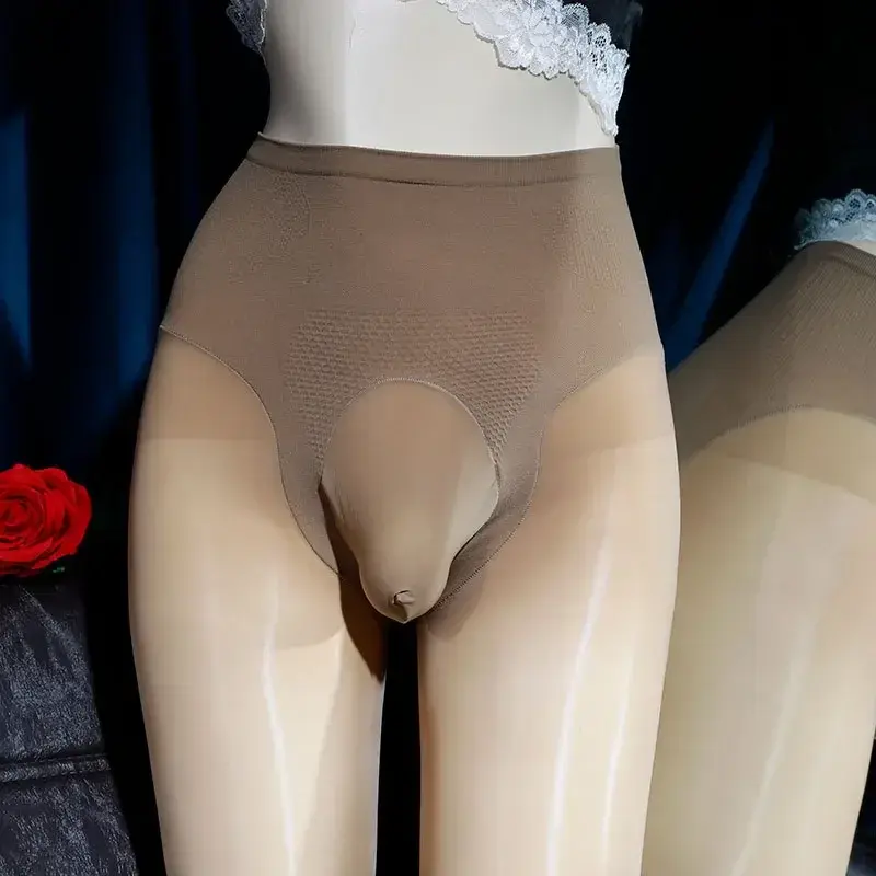 Sexy Men 8D 912 PIN High Waist Tummy Control Pantyhose U Convex Pouch Oil Glossy Shiny Sheer See Through Tights Stockings Plus