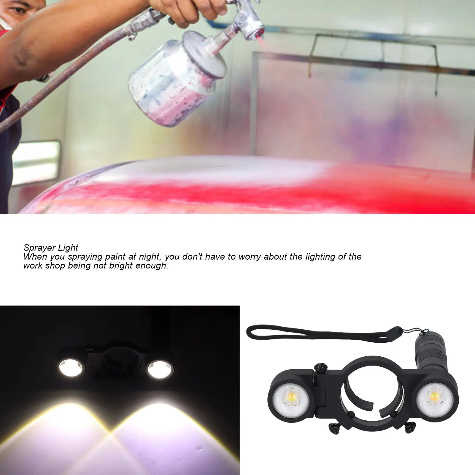 Automotive Paint Light Rechargeable Adjustable Clamp Spray Light Even Coverage 2 Modes with Lens Covers for Auto Repair Coating