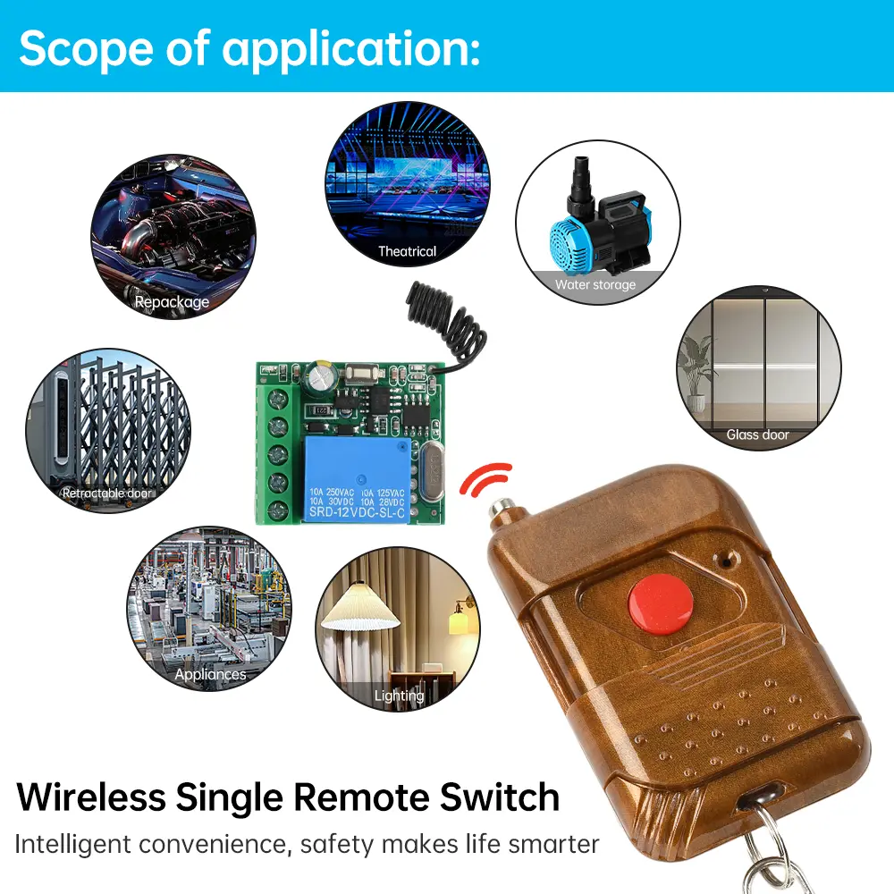 433 MHz Universal Wireless Remote Control Switch DC 12V 1 Channel Relay Receiver Controller Module and RF Transmitter