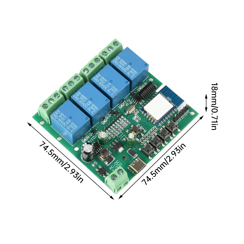 Tuya 4 Channels WiFi Remote Control Relay Switch DC/AC7-32V/USB 5V RF 433MHZ Relay for Alexa Google Smart Home Support APP