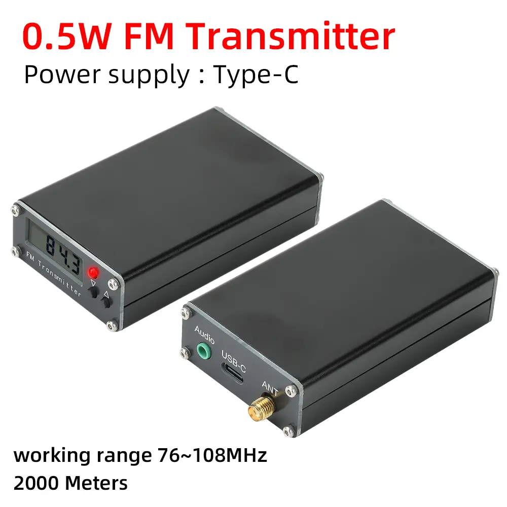 2000M 0.5W FM Transmitter 76-108MHz Digital Display FM Stereo Transmit USB Type-C CAR Radio Broadcast Campus Station Churches
