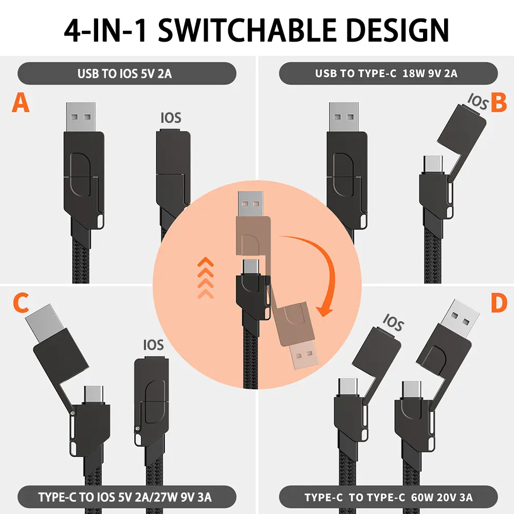 4 In 1 Universal PD Fast Charging Data Cable Keychain Type-C 60W IOS 27W Quick Charge Cables For  Apple iPhone Android Phone